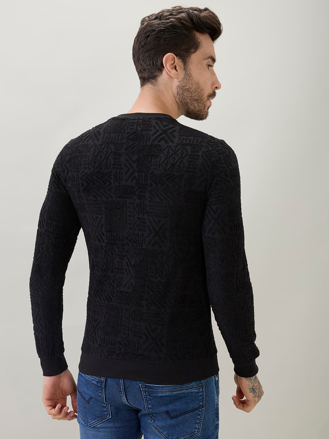Men's Textured Full Sleeve Regular Fit Round Neck T-Shirt