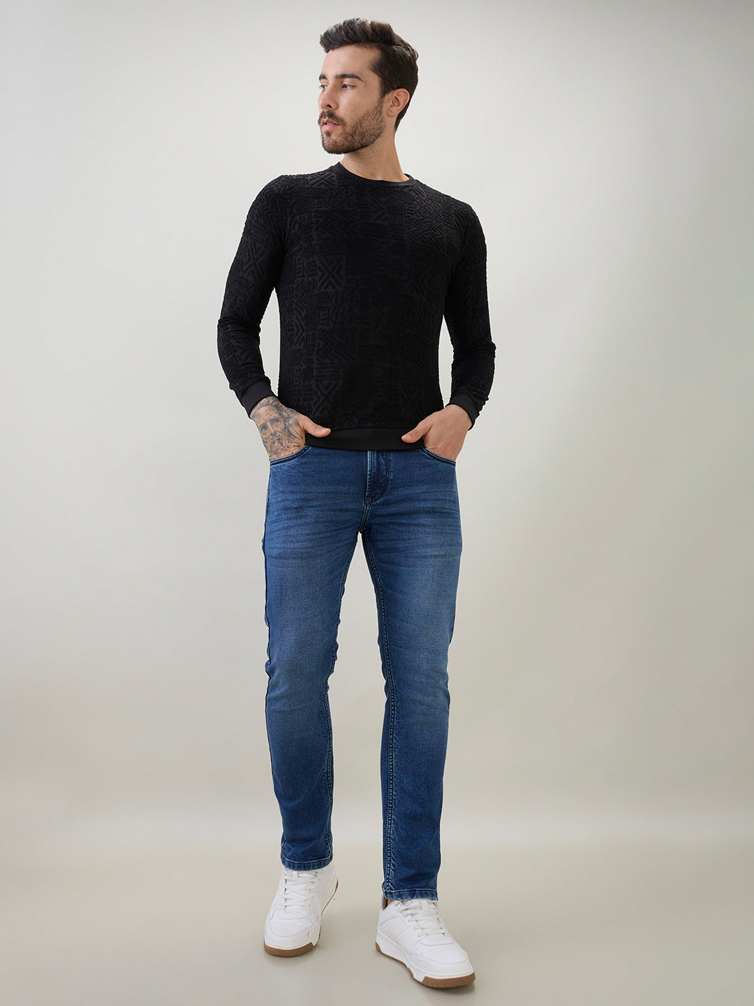 Men's Textured Full Sleeve Regular Fit Round Neck T-Shirt