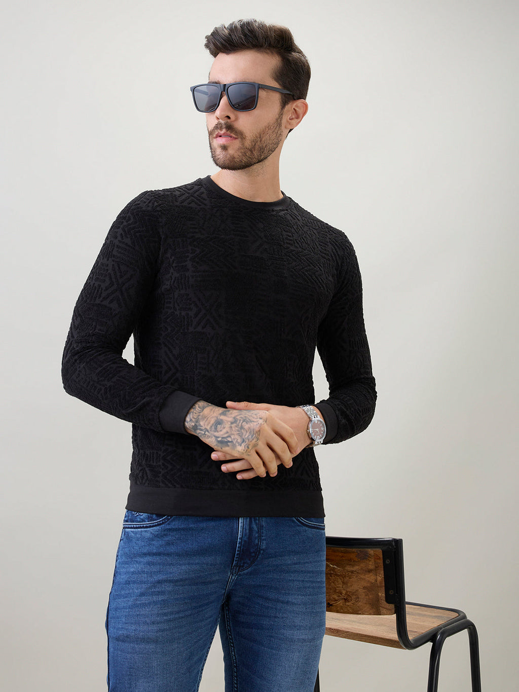 Men's Textured Full Sleeve Regular Fit Round Neck T-Shirt