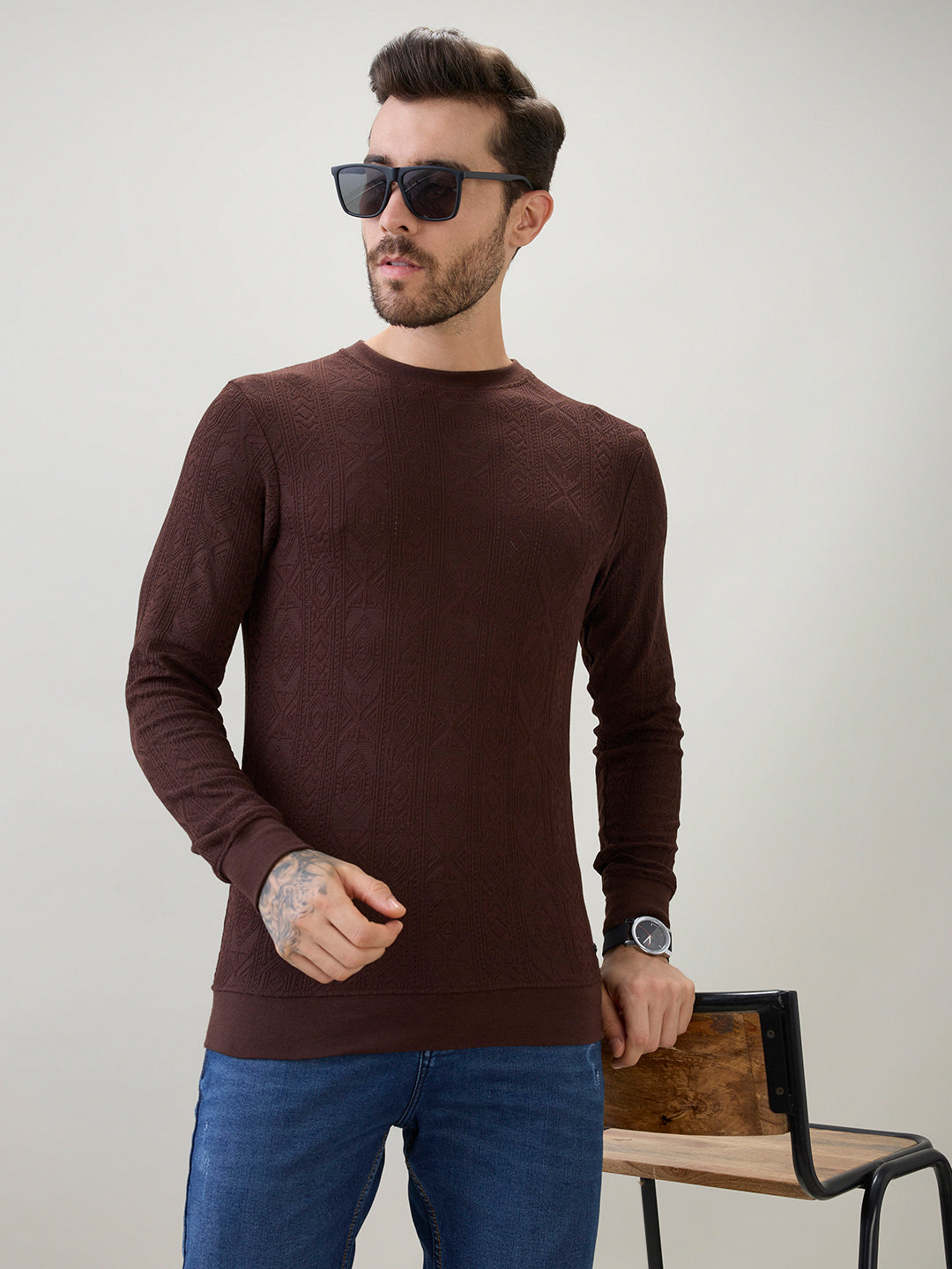 Men's Textured Full Sleeve Regular Fit Round Neck T-Shirt
