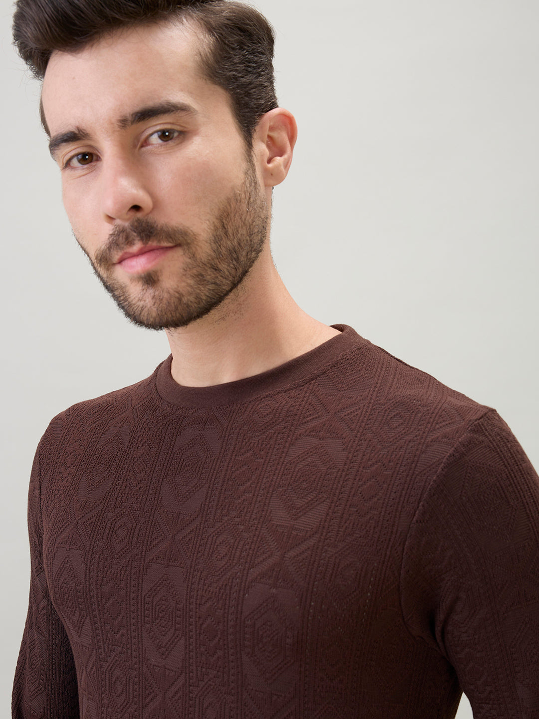 Men's Textured Full Sleeve Regular Fit Round Neck T-Shirt