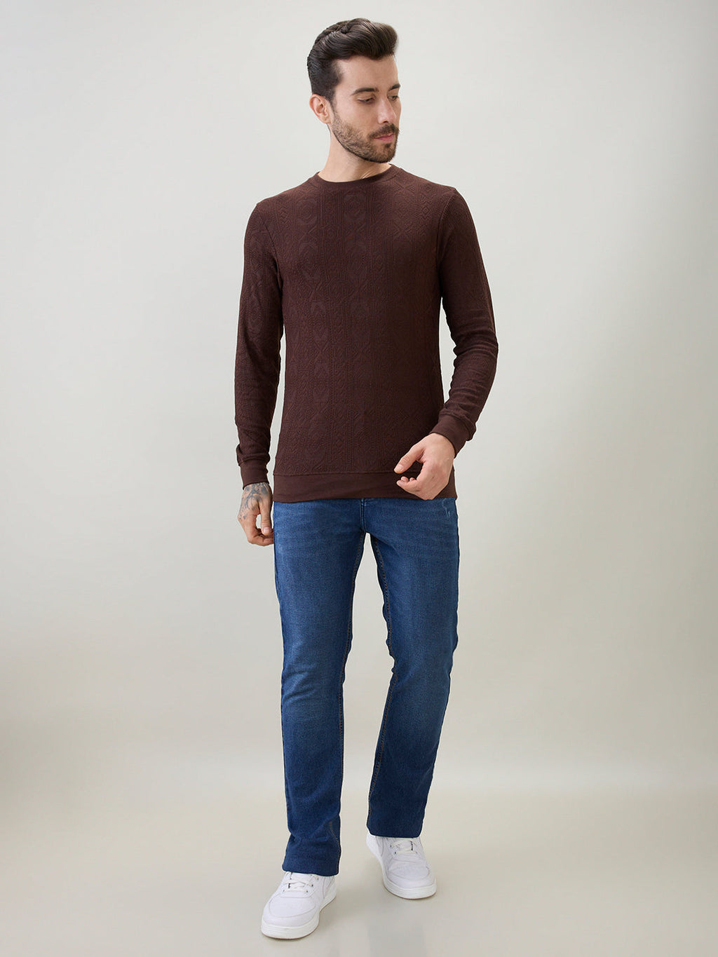 Men's Textured Full Sleeve Regular Fit Round Neck T-Shirt