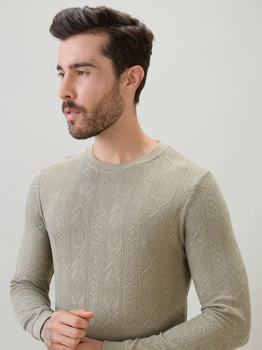 Men's Textured Full Sleeve Regular Fit Round Neck T-Shirt