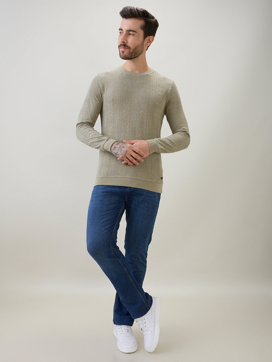 Men's Textured Full Sleeve Regular Fit Round Neck T-Shirt