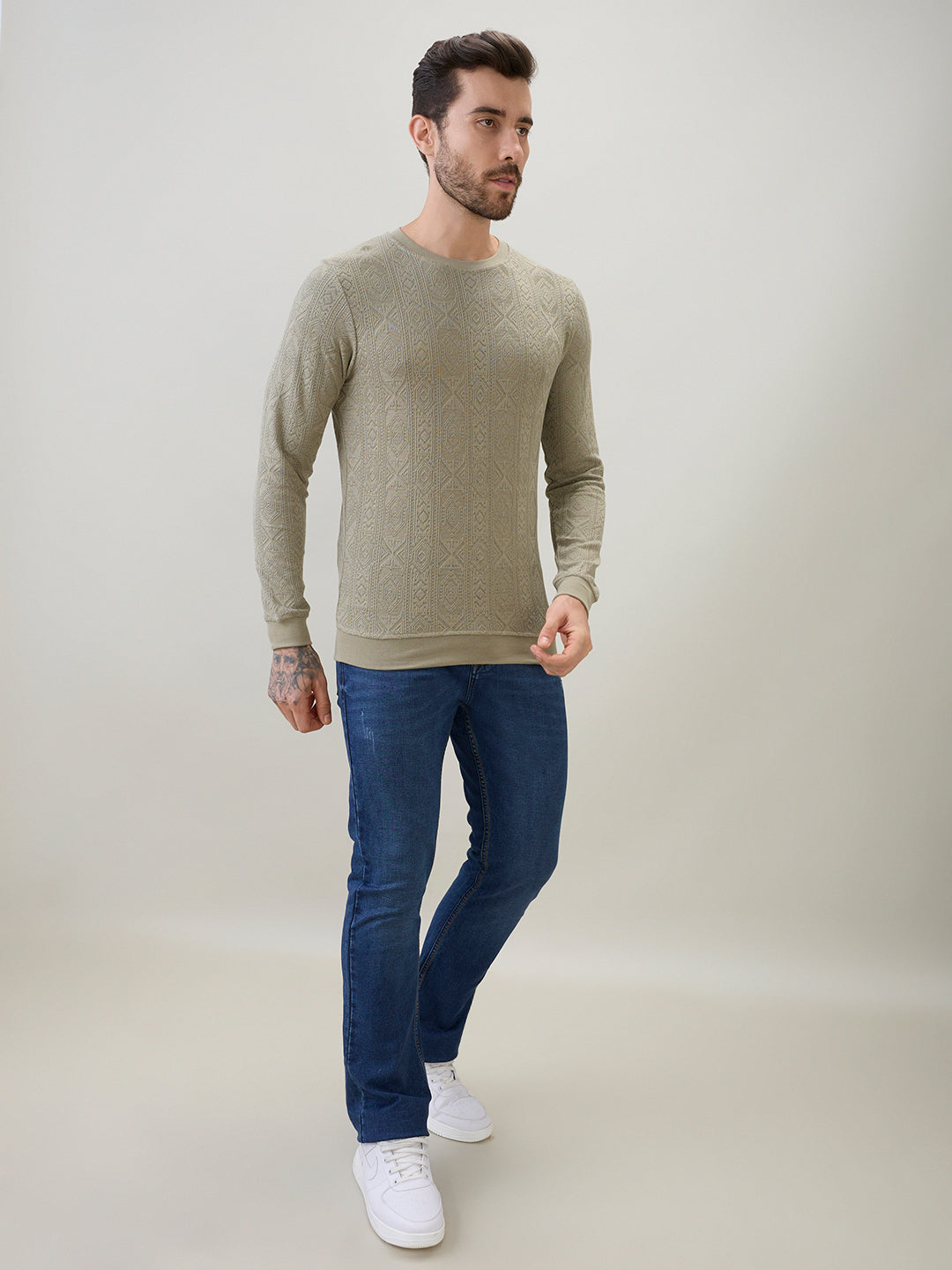 Men's Textured Full Sleeve Regular Fit Round Neck T-Shirt