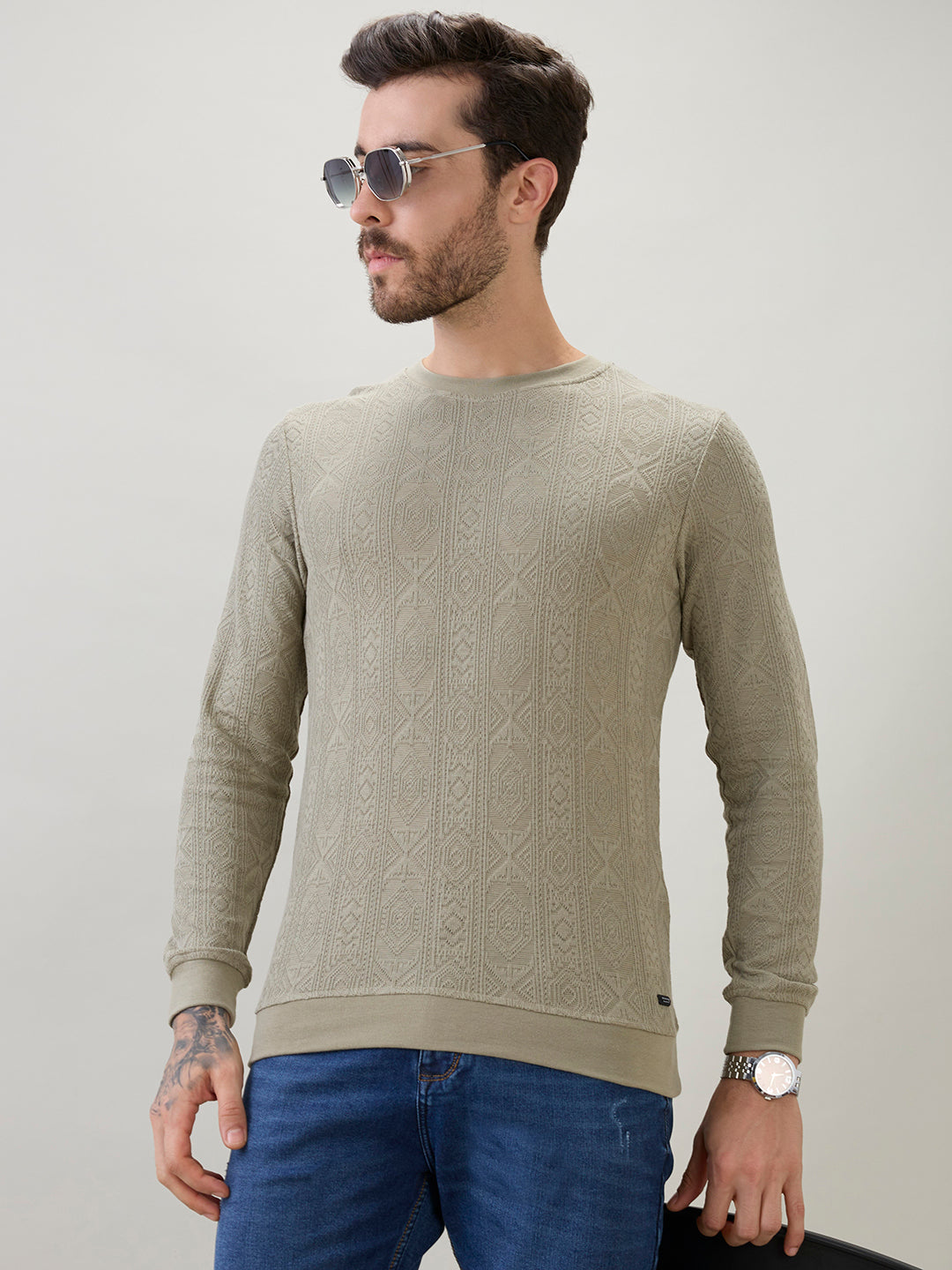Men's Textured Full Sleeve Regular Fit Round Neck T-Shirt