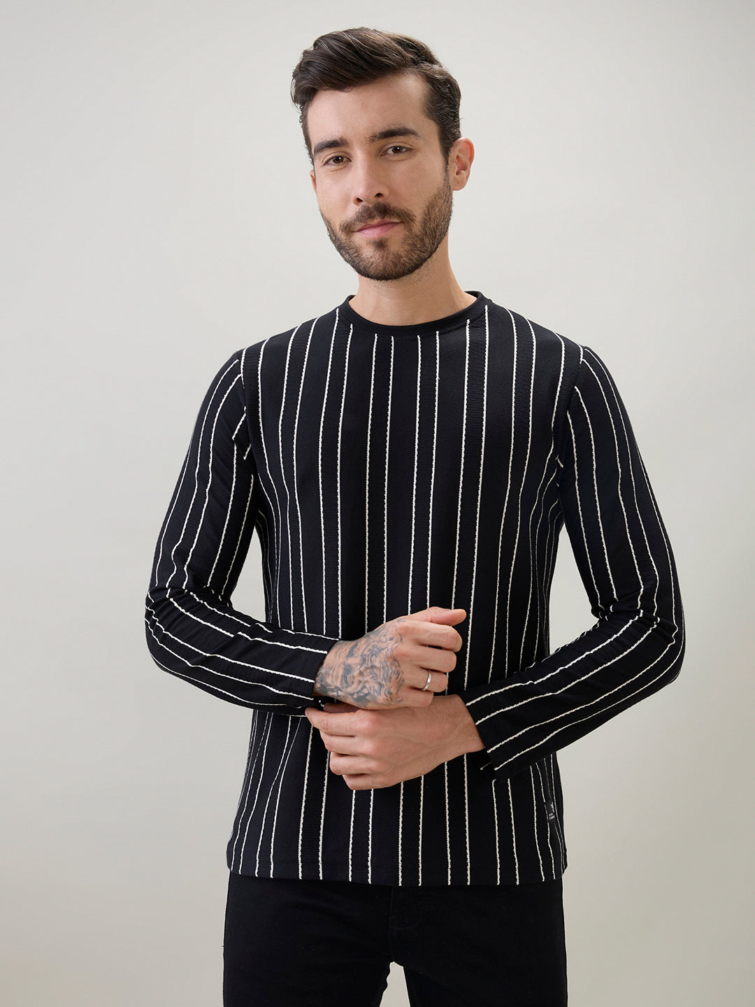 Men's Vertical Striped Full Sleeve Regular Fit T-Shirt