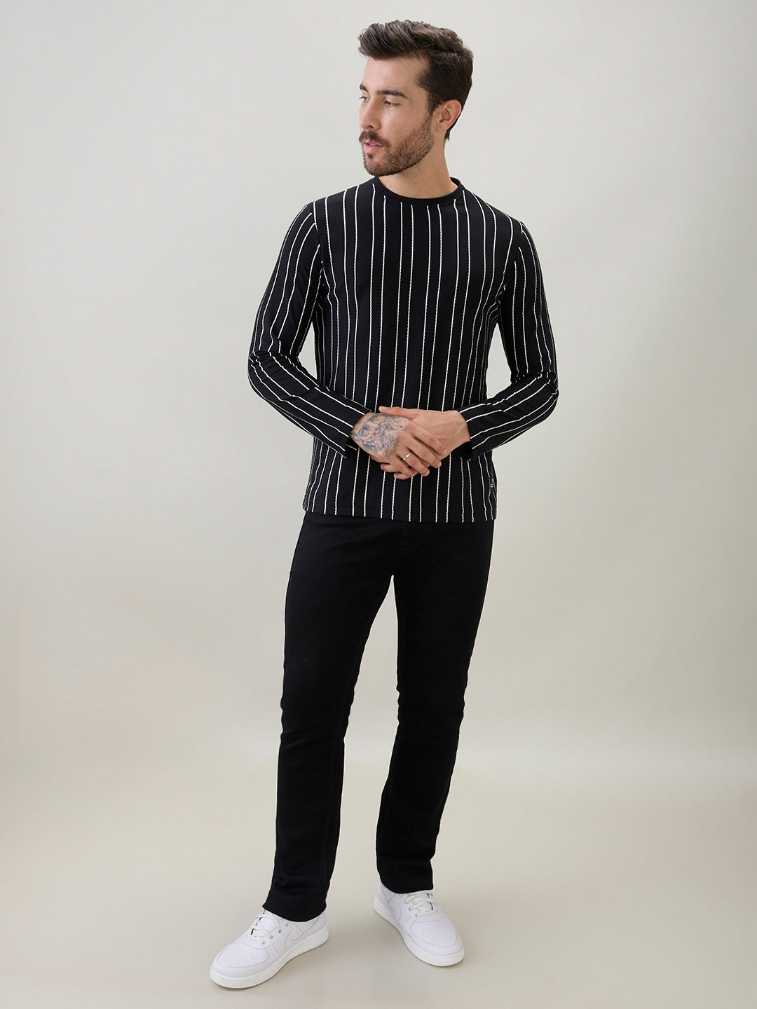 Men's Vertical Striped Full Sleeve Regular Fit T-Shirt