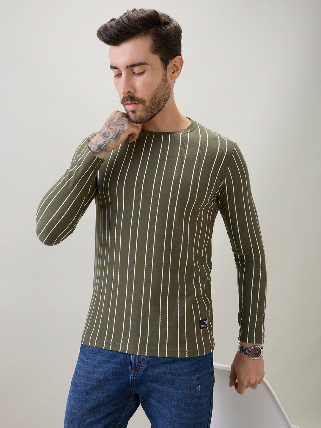 Men's Vertical Striped Full Sleeve Regular Fit T-Shirt