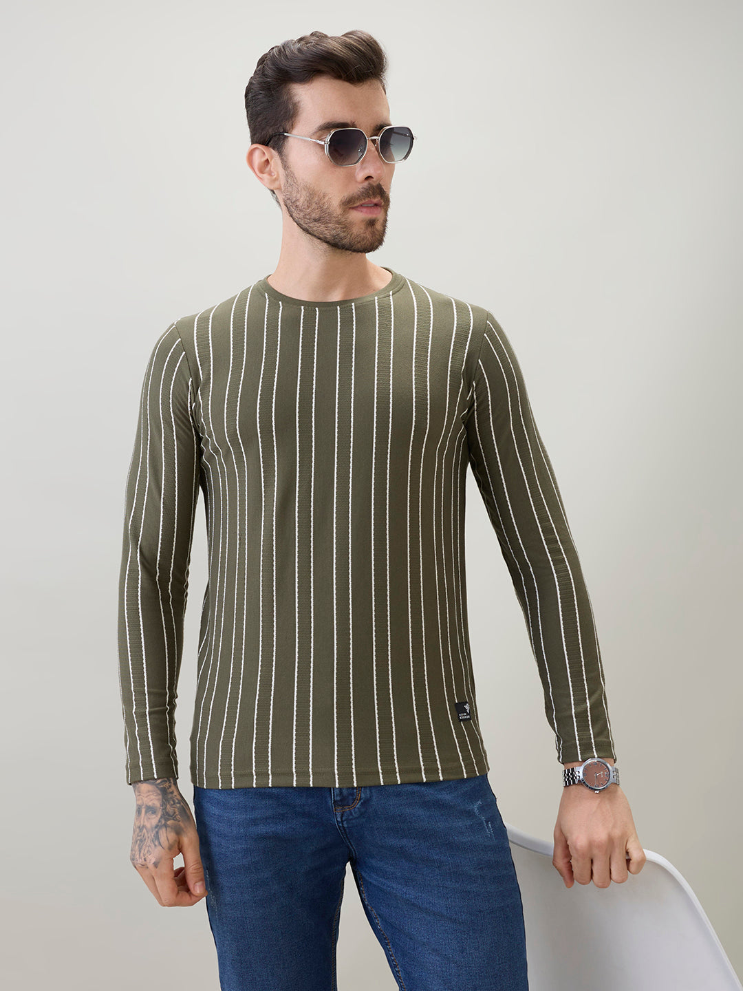 Men's Vertical Striped Full Sleeve Regular Fit T-Shirt