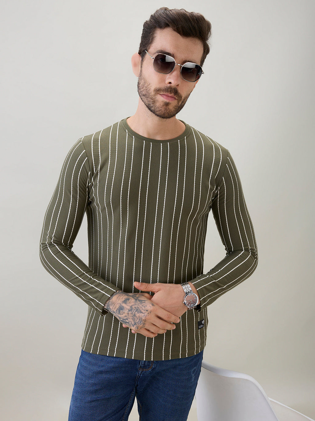 Men's Vertical Striped Full Sleeve Regular Fit T-Shirt