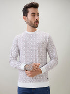 Men's Geometric Patterned Round Neck Full Sleeve T-Shirt with Ribbed Cuffs