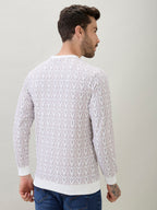 Men's Geometric Patterned Round Neck Full Sleeve T-Shirt with Ribbed Cuffs