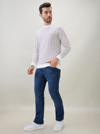Men's Geometric Patterned Round Neck Full Sleeve T-Shirt with Ribbed Cuffs