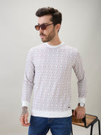 Men's Geometric Patterned Round Neck Full Sleeve T-Shirt with Ribbed Cuffs