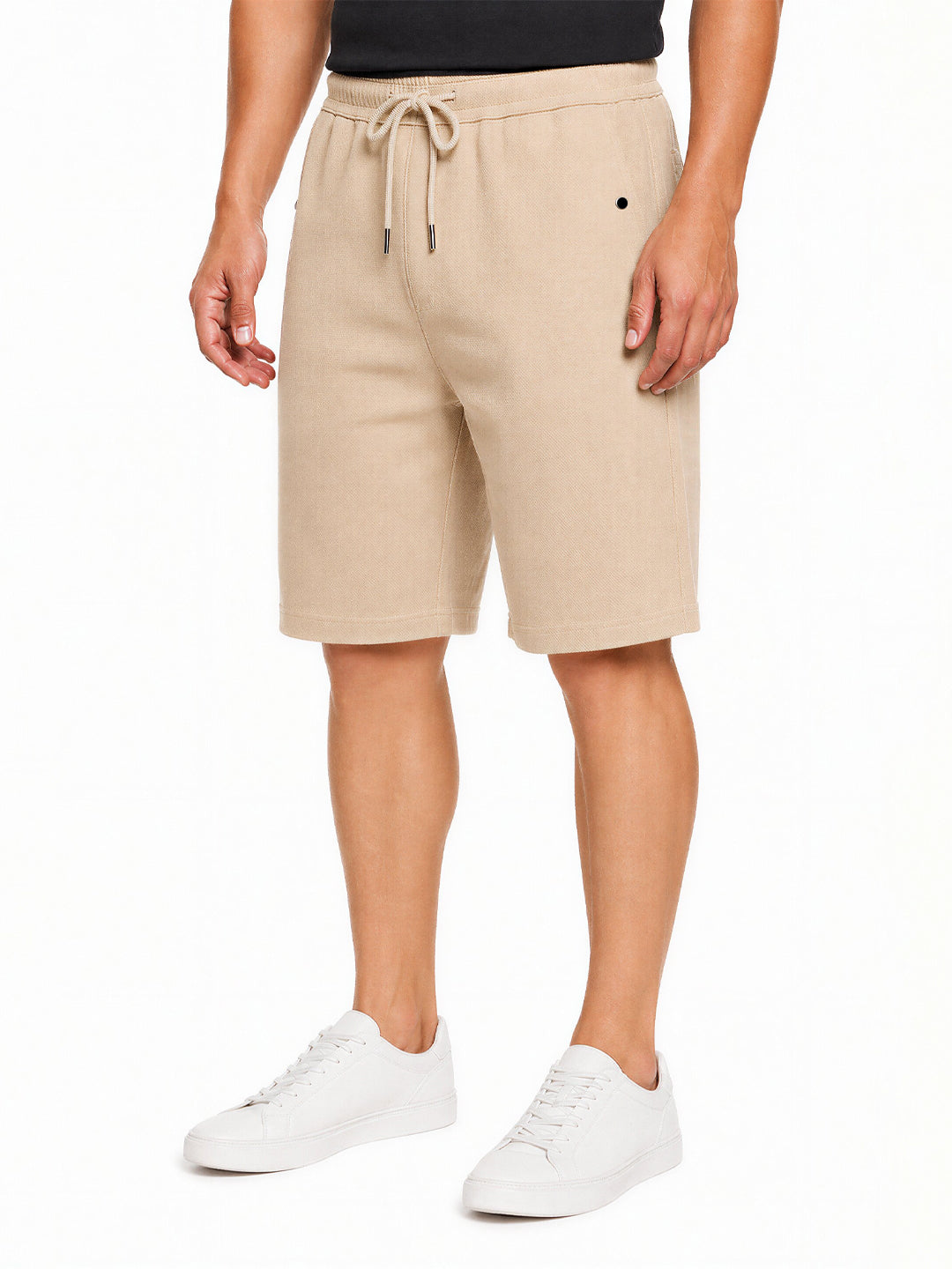 Beige Textured Drawstring Shorts