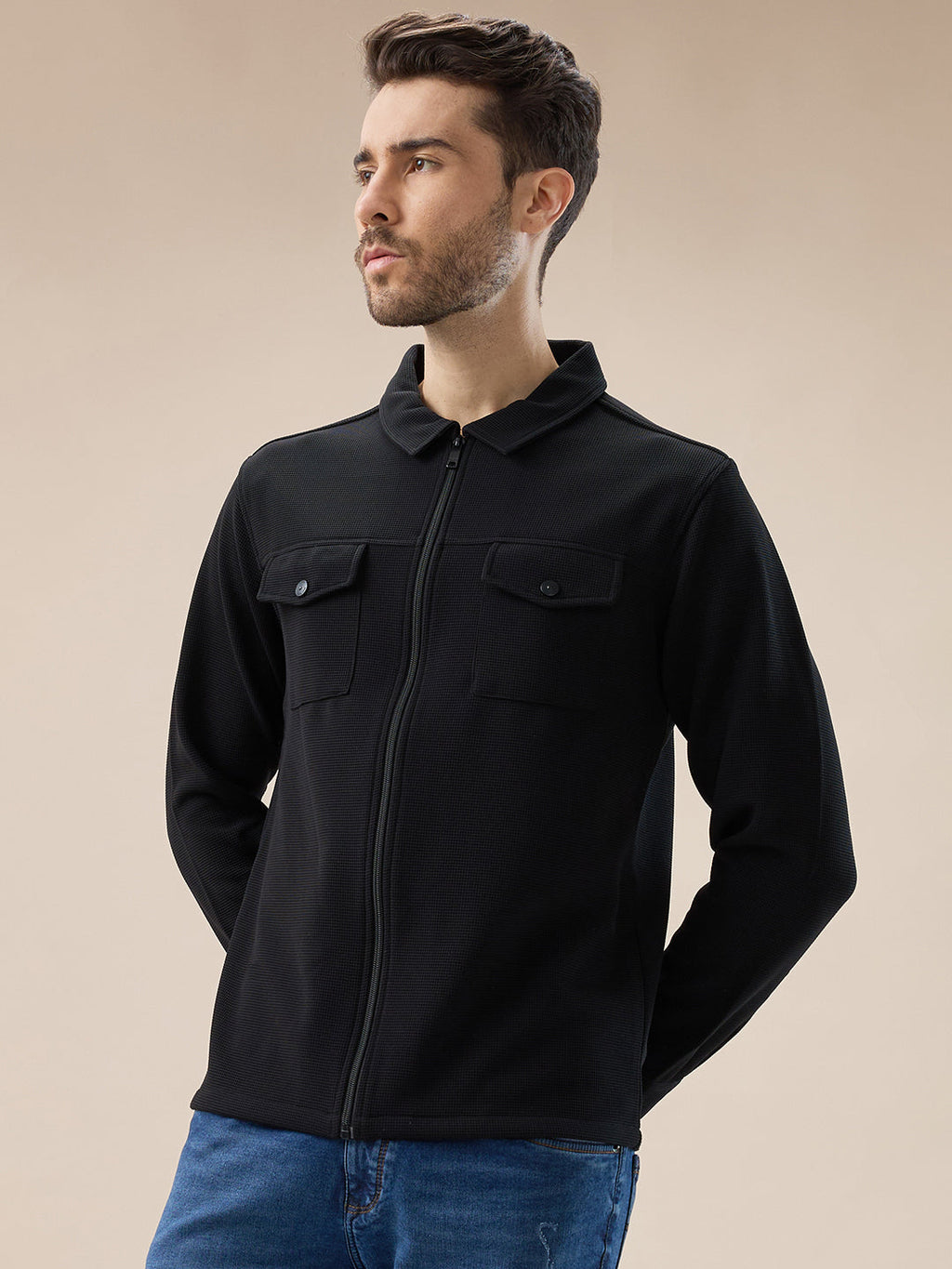 Men's Solid Textured Regular Fit Shacket with Zipper Clouser