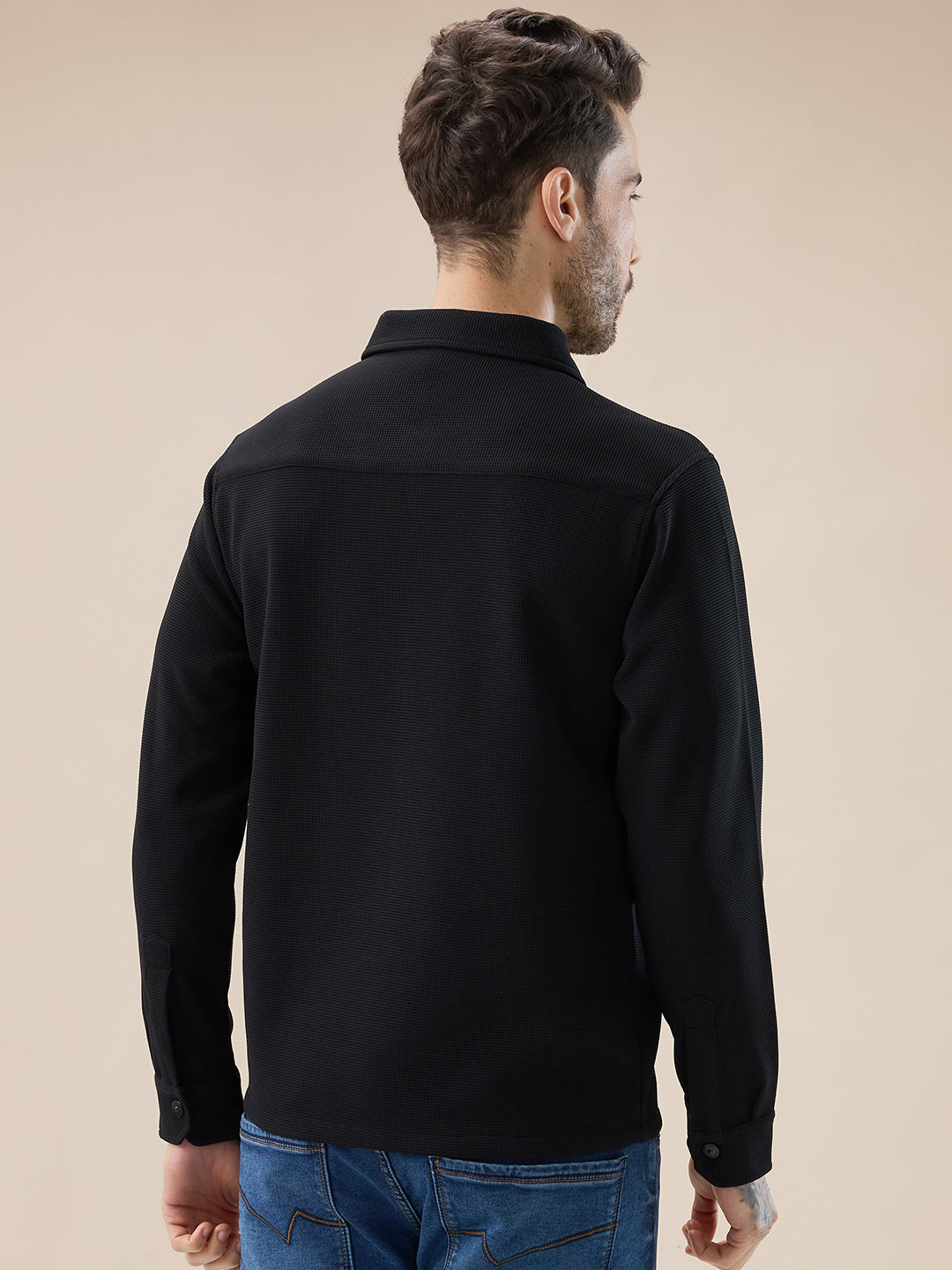Men's Solid Textured Regular Fit Shacket with Zipper Clouser