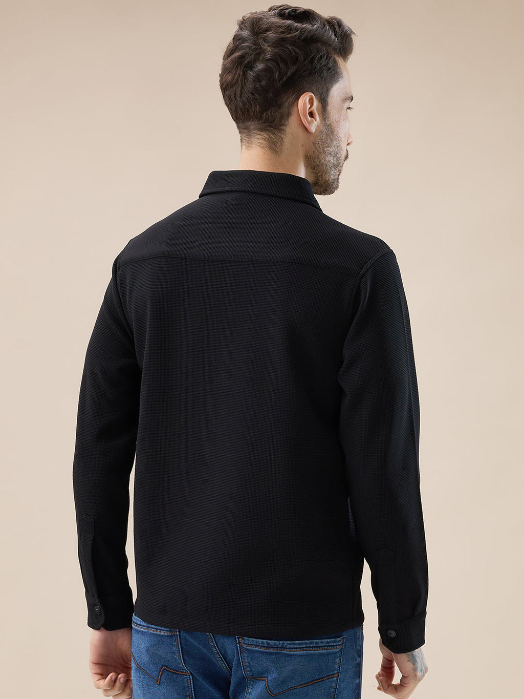Men's Solid Textured Regular Fit Shacket with Zipper Clouser