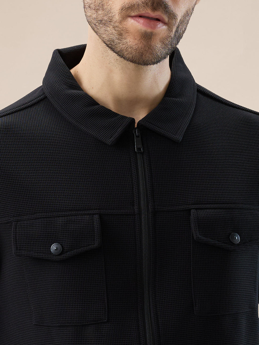 Men's Solid Textured Regular Fit Shacket with Zipper Clouser