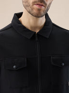 Men's Solid Textured Regular Fit Shacket with Zipper Clouser