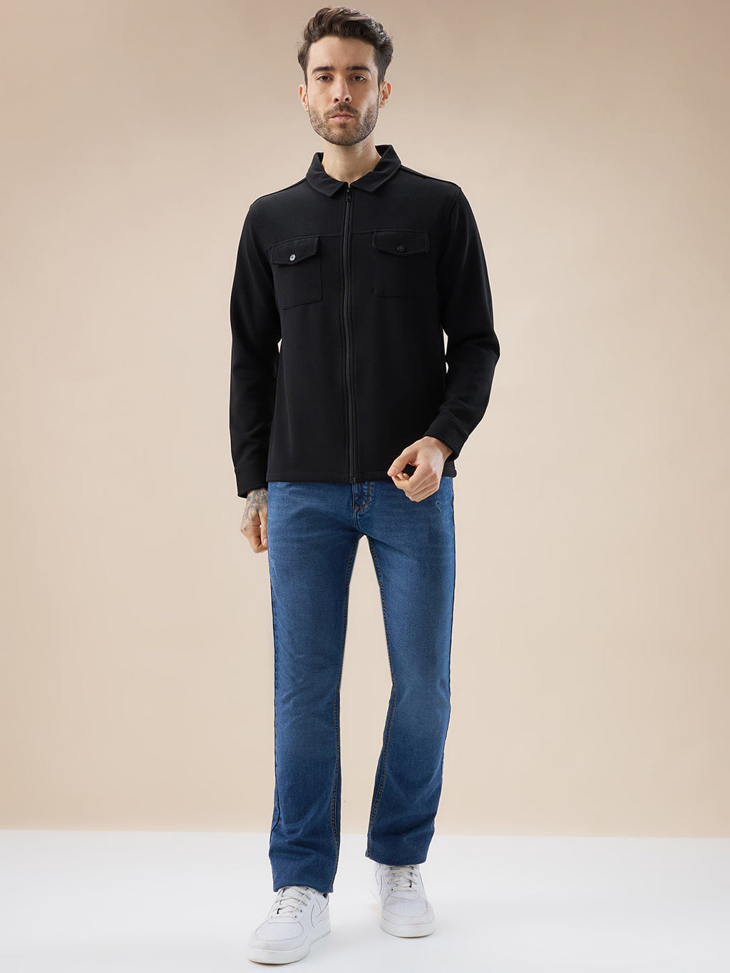 Men's Solid Textured Regular Fit Shacket with Zipper Clouser