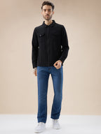 Men's Solid Textured Regular Fit Shacket with Zipper Clouser