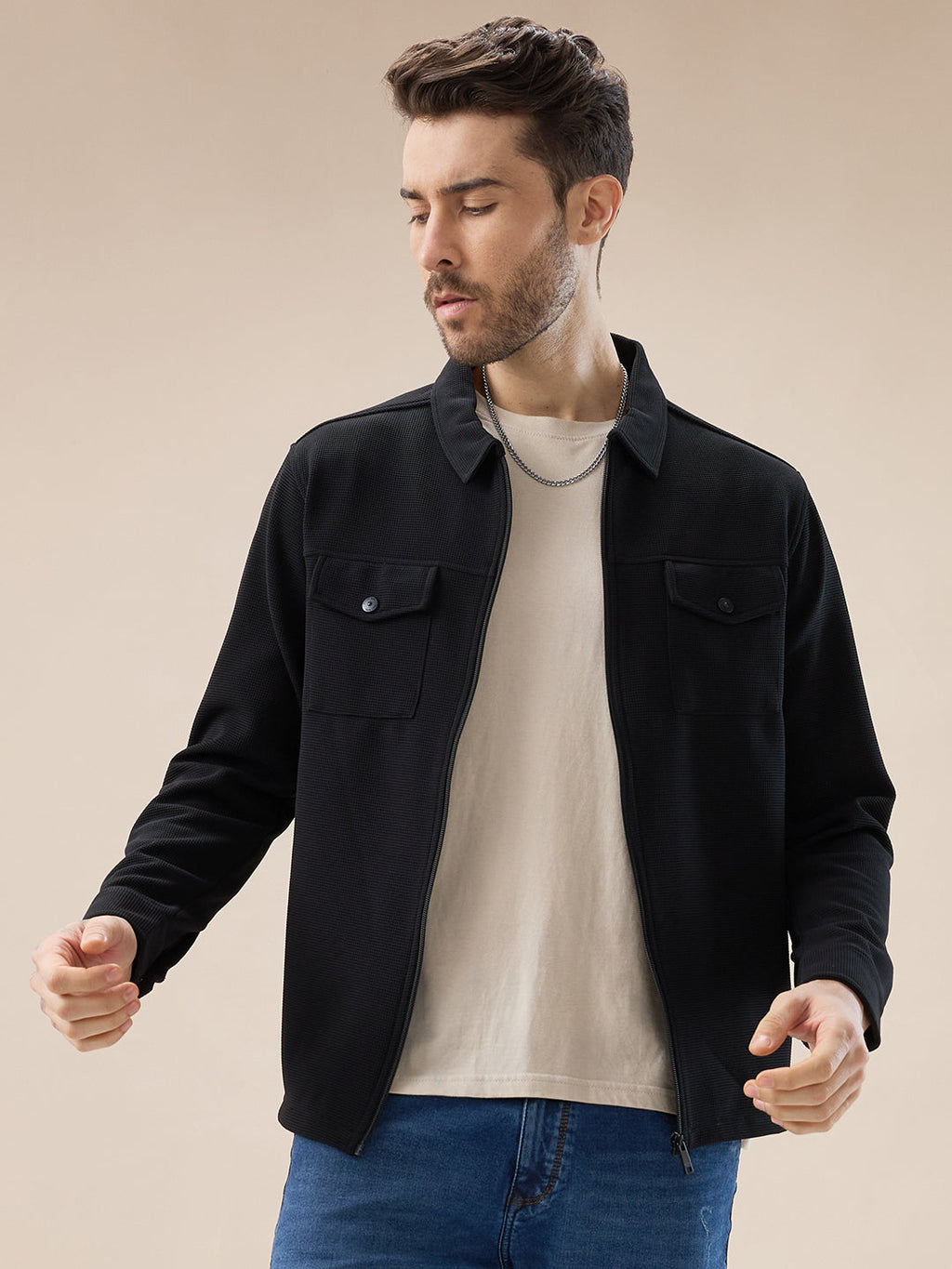 Men's Solid Textured Regular Fit Shacket with Zipper Clouser