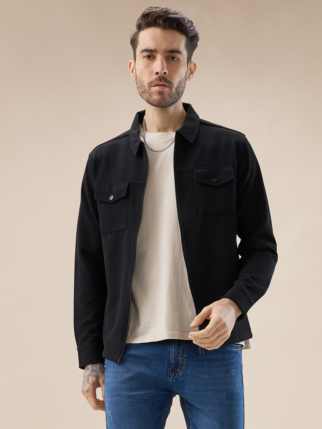 Men's Solid Textured Regular Fit Shacket with Zipper Clouser