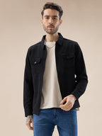 Men's Solid Textured Regular Fit Shacket with Zipper Clouser