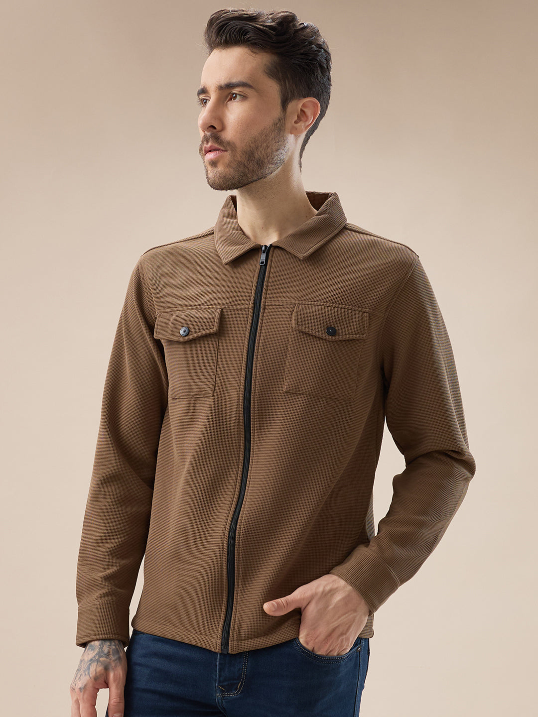 Men's Solid Textured Regular Fit Shacket with Zipper Clouser