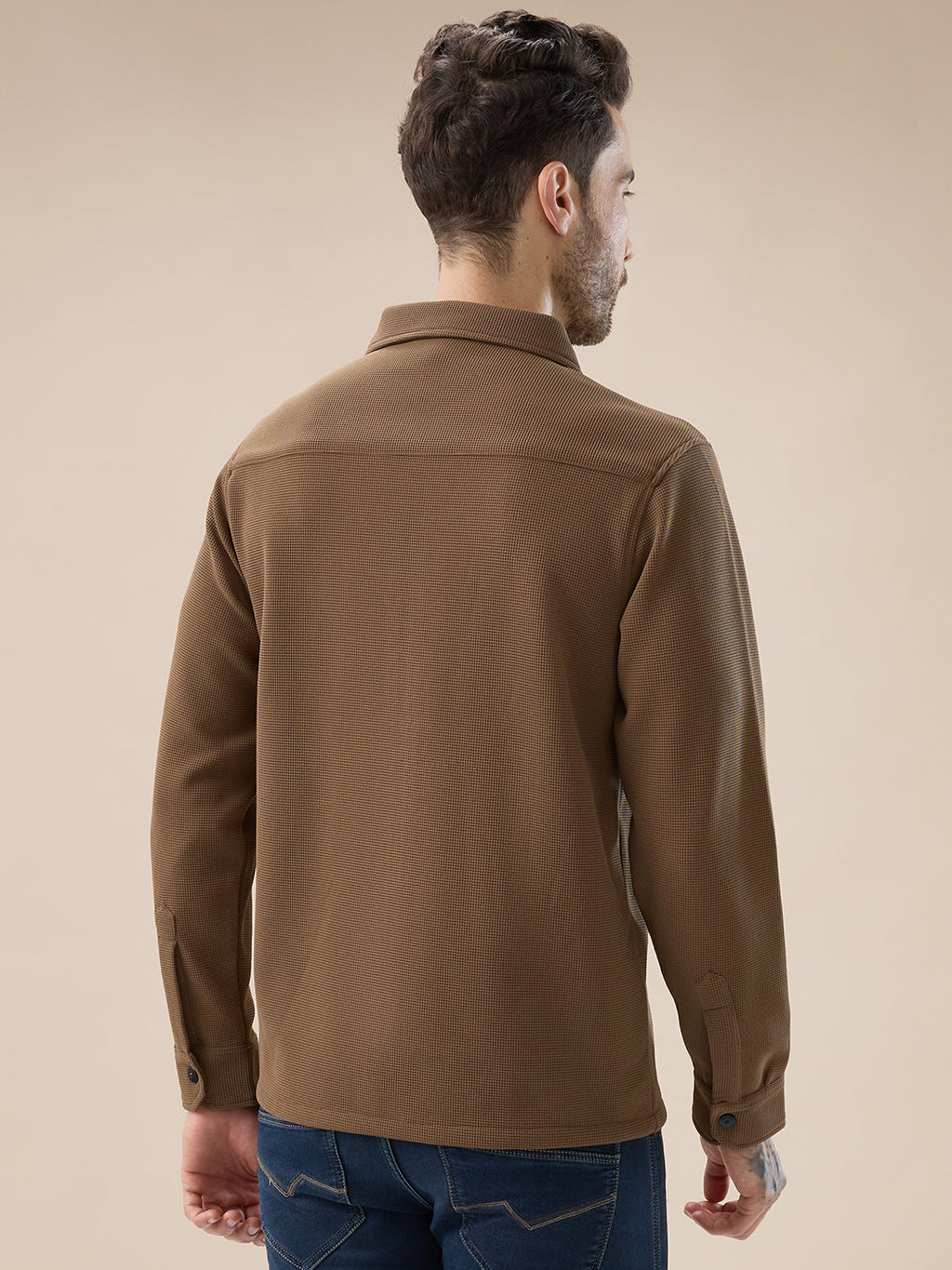 Men's Solid Textured Regular Fit Shacket with Zipper Clouser