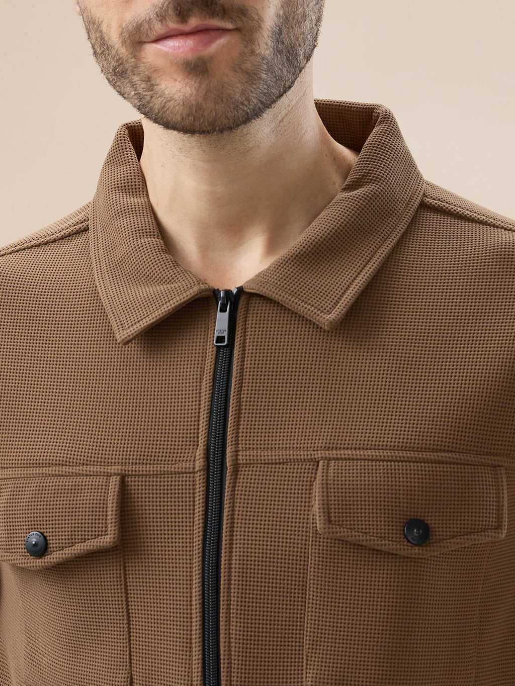 Men's Solid Textured Regular Fit Shacket with Zipper Clouser