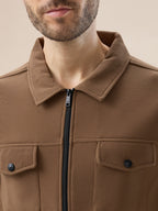 Men's Solid Textured Regular Fit Shacket with Zipper Clouser