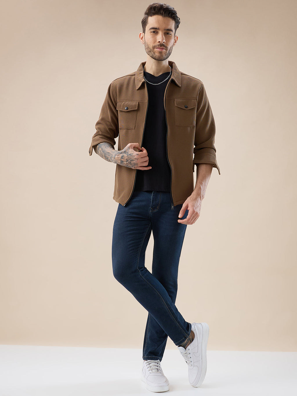 Men's Solid Textured Regular Fit Shacket with Zipper Clouser