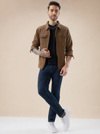 Men's Solid Textured Regular Fit Shacket with Zipper Clouser