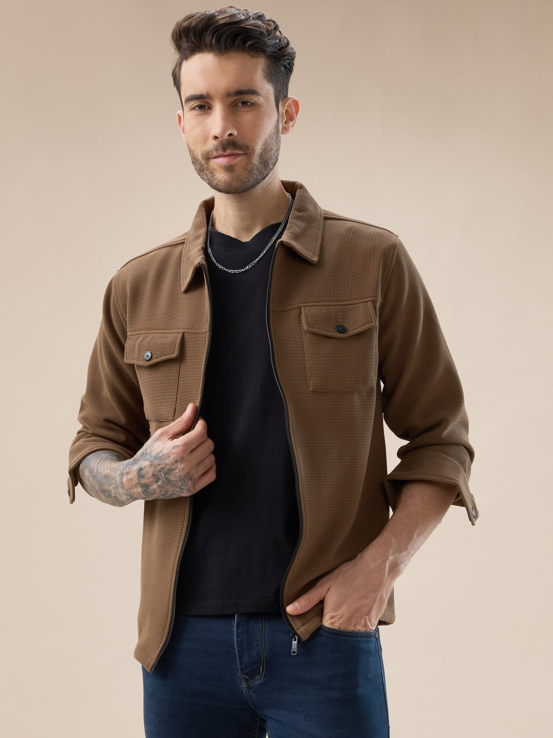 Men's Solid Textured Regular Fit Shacket with Zipper Clouser