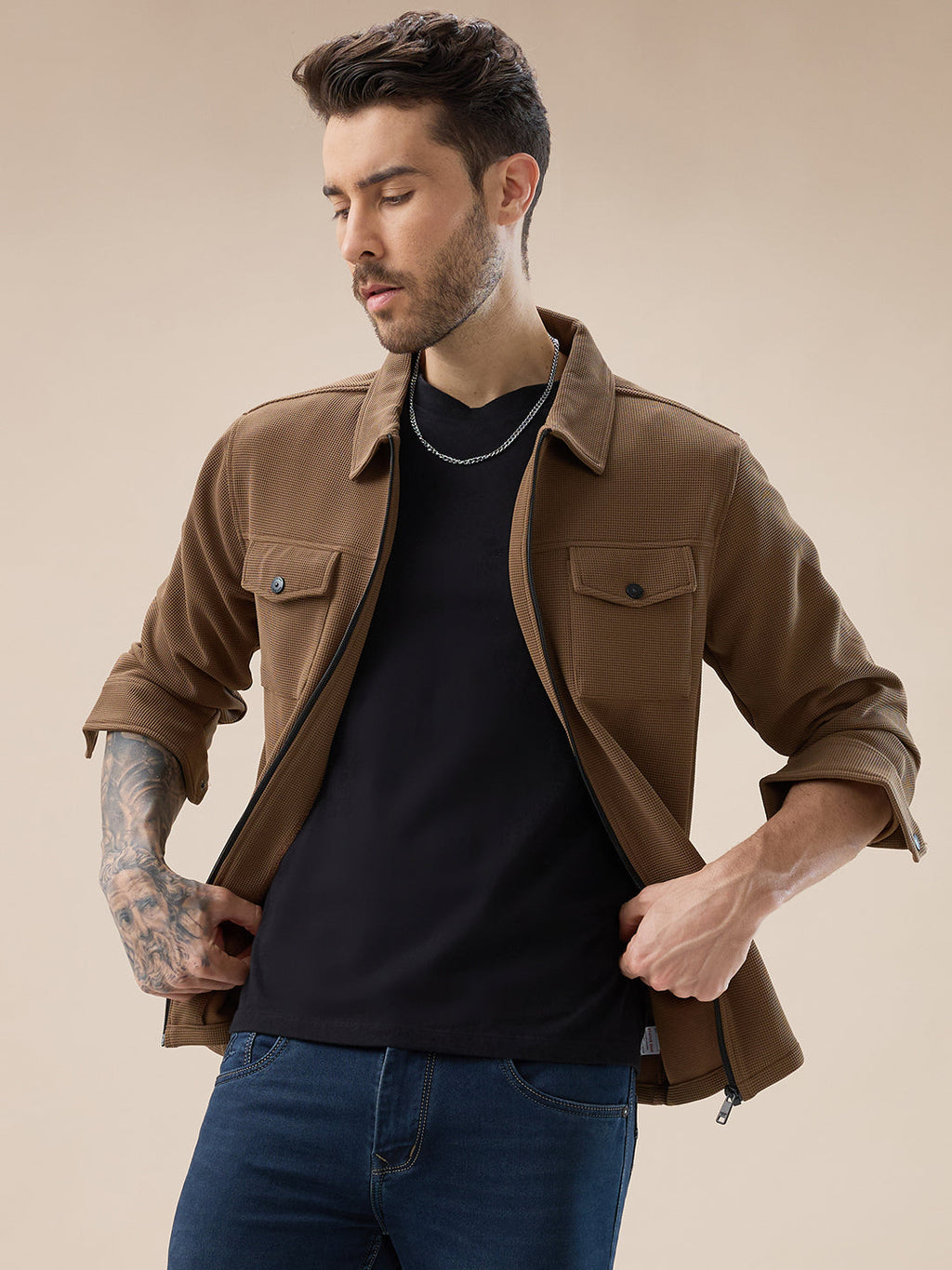 Men's Solid Textured Regular Fit Shacket with Zipper Clouser