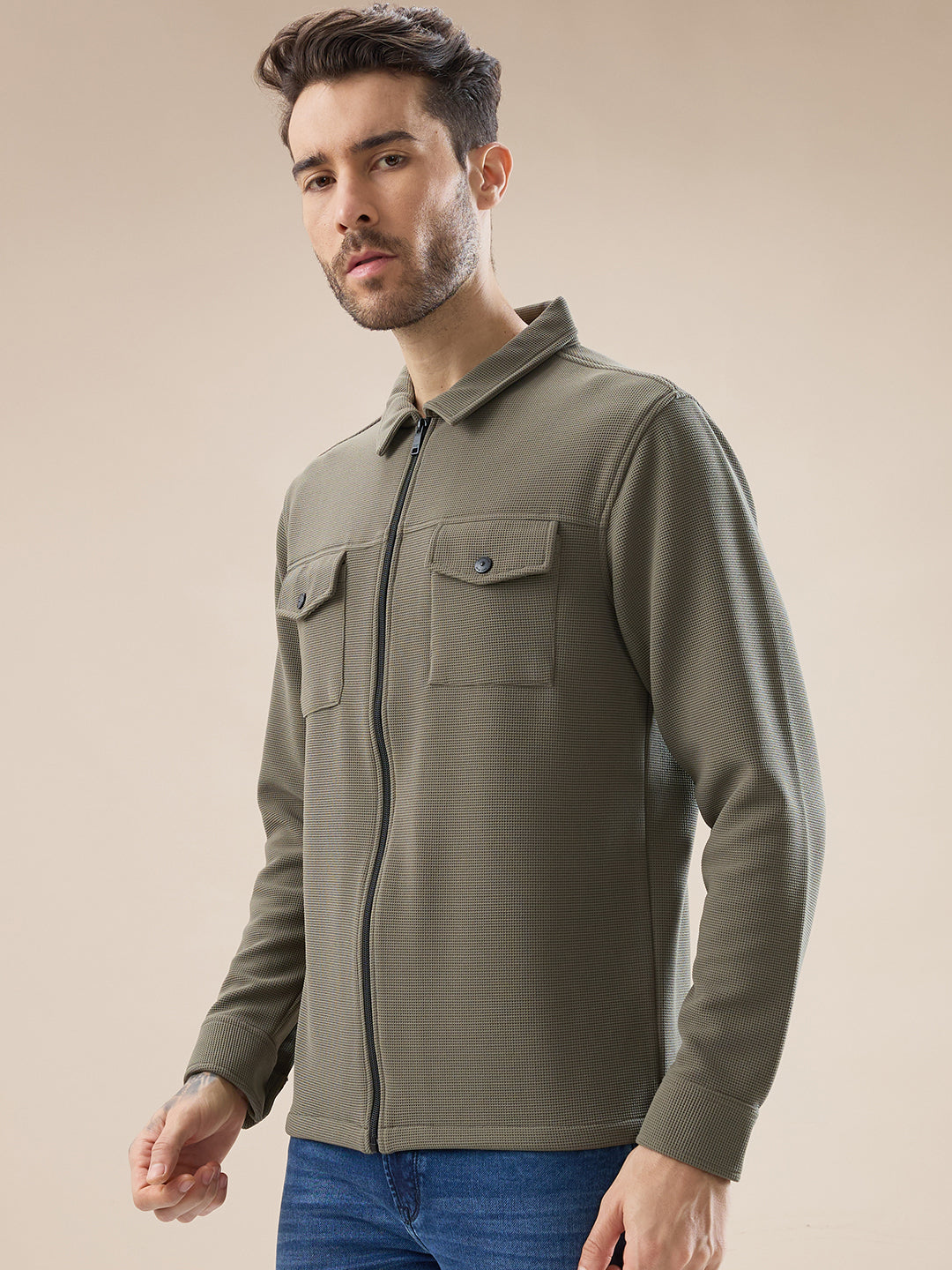 Men's Solid Textured Regular Fit Shacket with Zipper Clouser Secondary image
