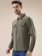 Men's Solid Textured Regular Fit Shacket with Zipper Clouser