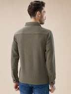 Men's Solid Textured Regular Fit Shacket with Zipper Clouser