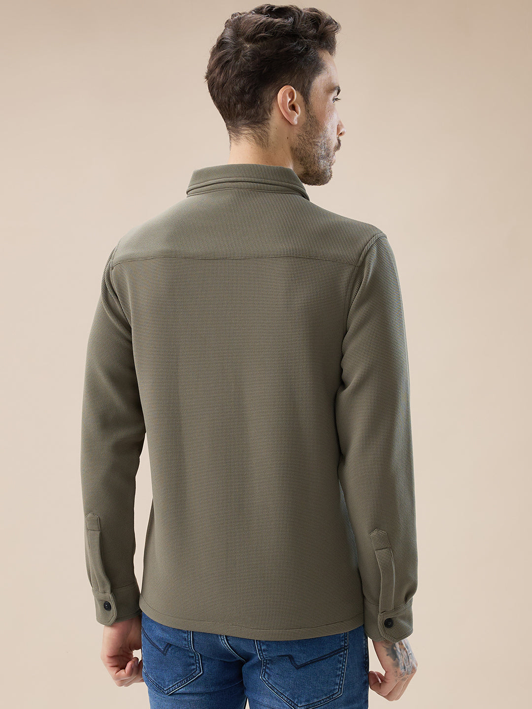 Men's Solid Textured Regular Fit Shacket with Zipper Clouser