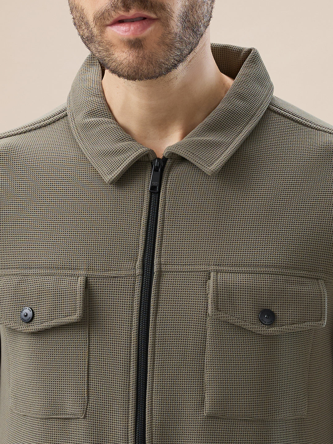 Men's Solid Textured Regular Fit Shacket with Zipper Clouser