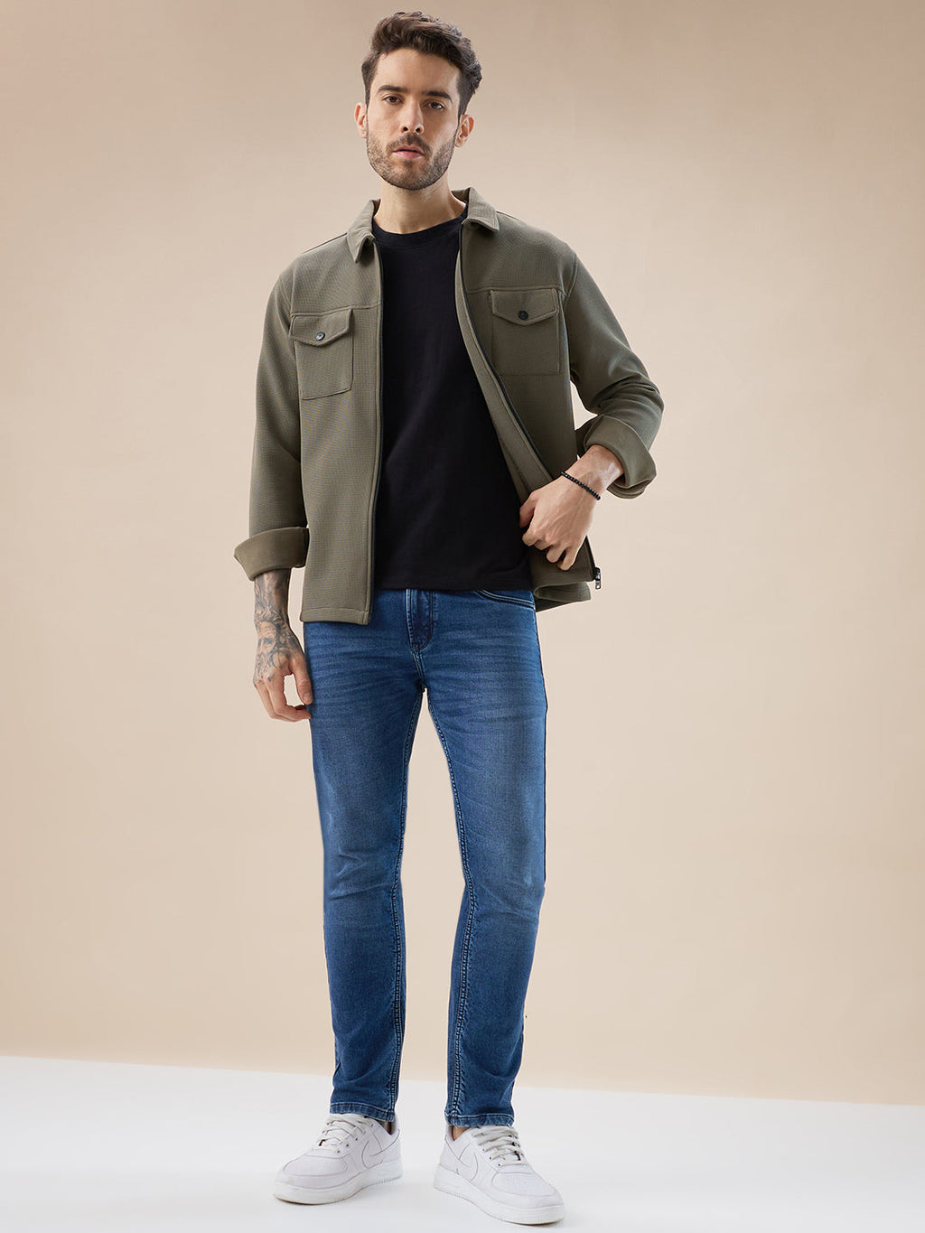 Men's Solid Textured Regular Fit Shacket with Zipper Clouser