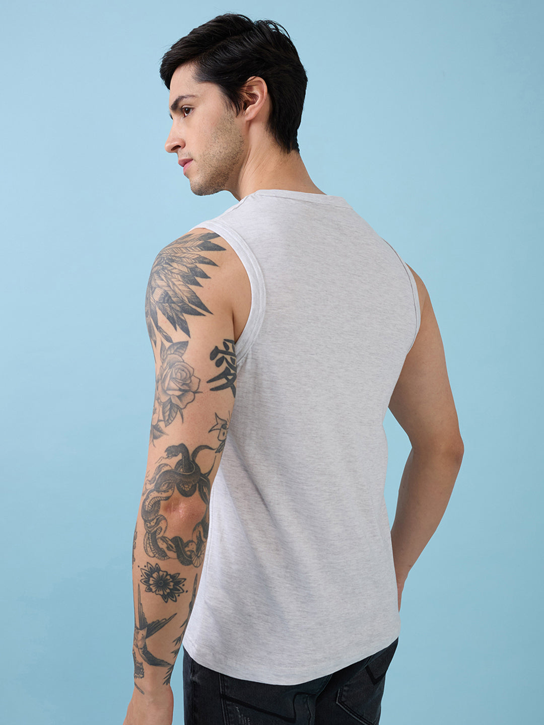 Mens Full-Front Self Design Round Neck Sleeveless Tshirt