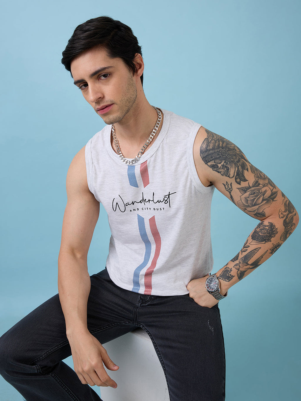 Mens Full-Front Self Design Round Neck Sleeveless Tshirt