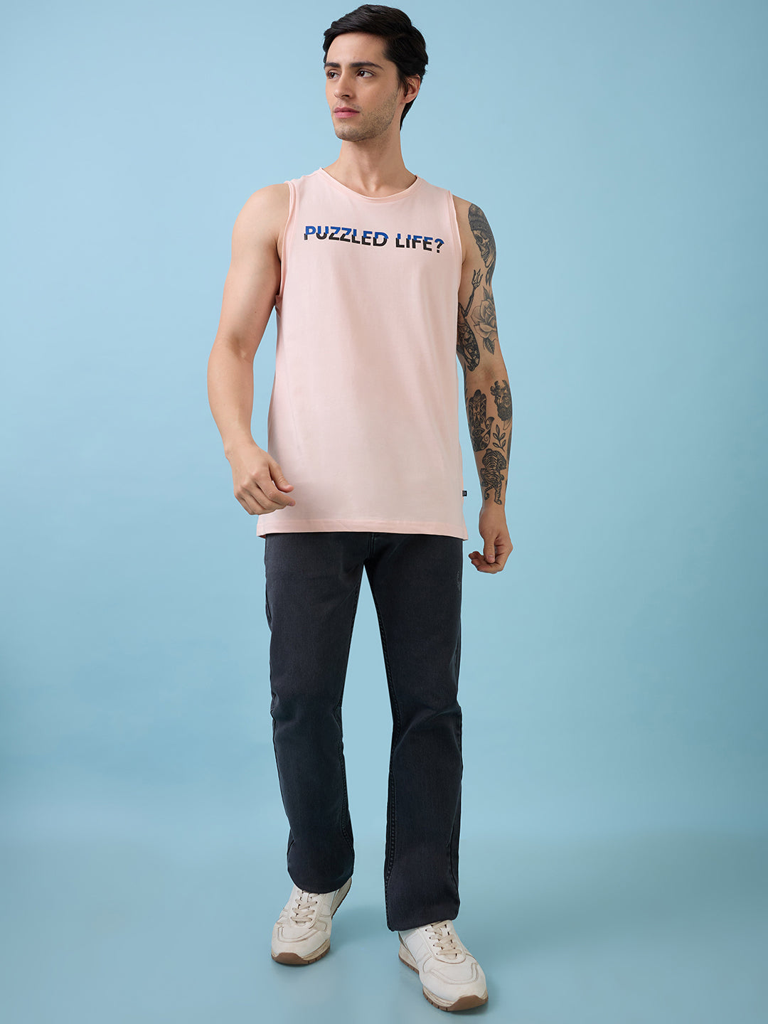 Mens Placement Typography Round Neck Sleeveless Tshirt
