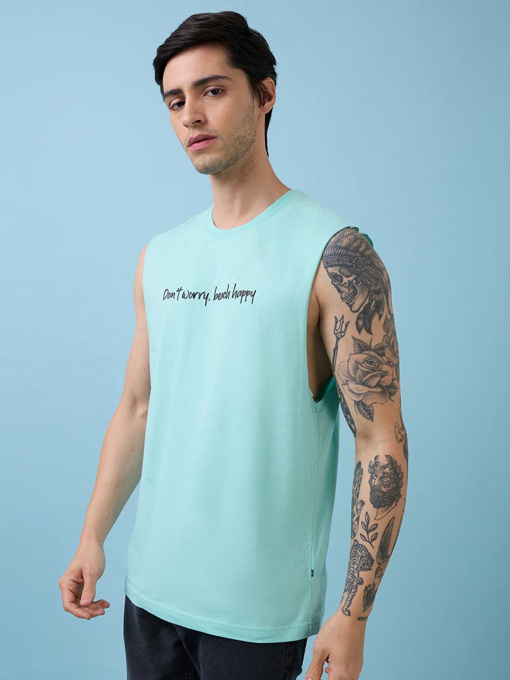Mens Placement Typography Round Neck Sleeveless Tshirt