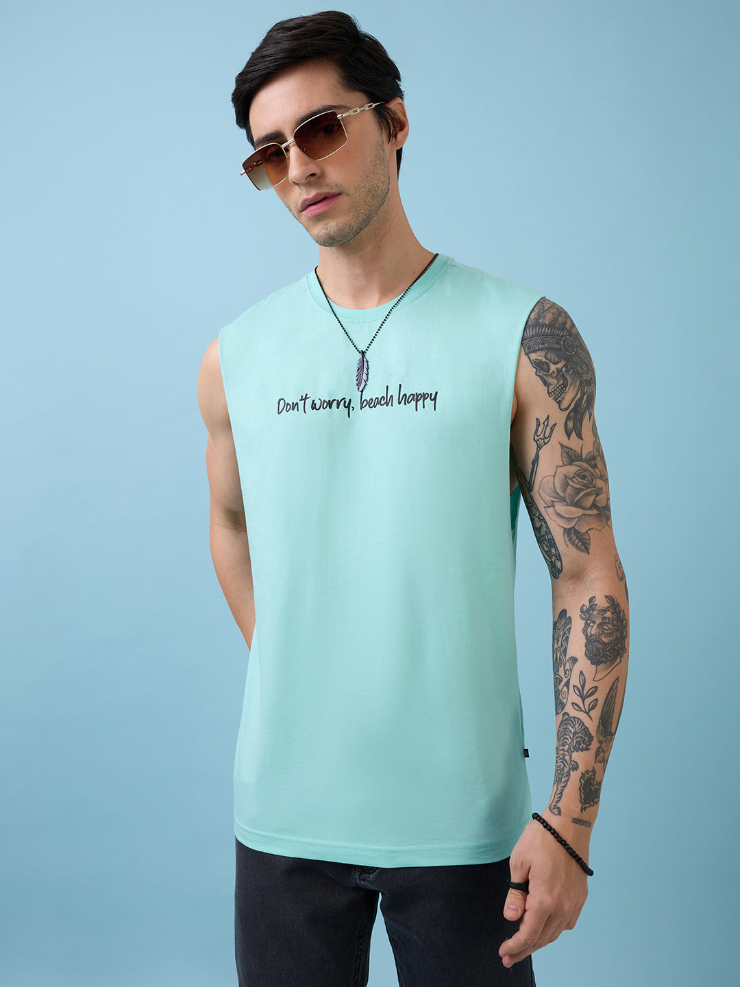 Mens Placement Typography Round Neck Sleeveless Tshirt