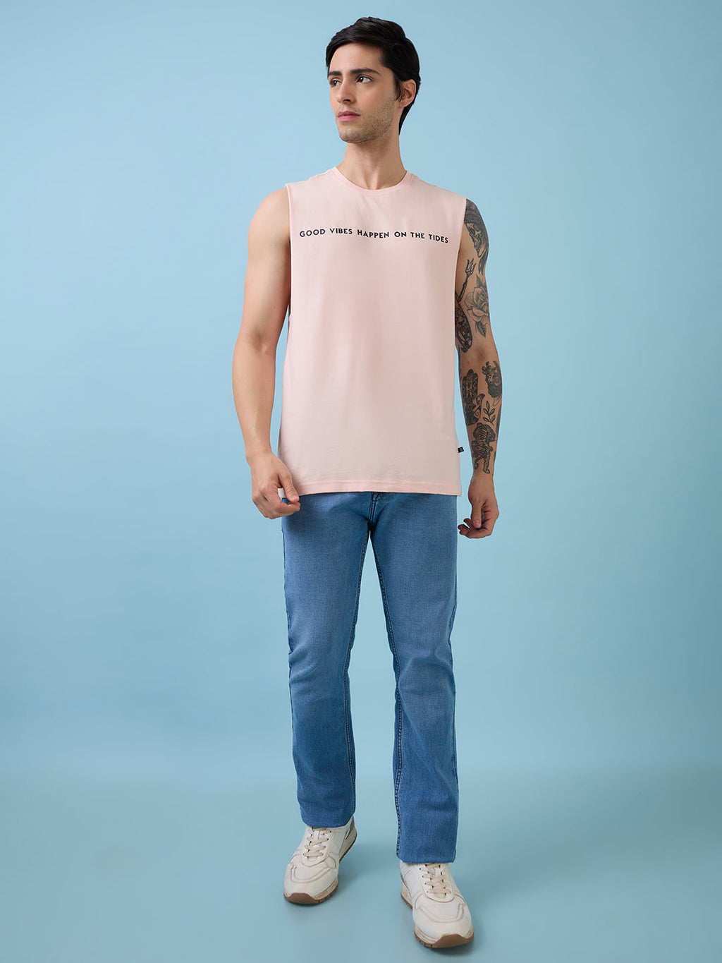 Mens Placement Typography Round Neck Sleeveless Tshirt